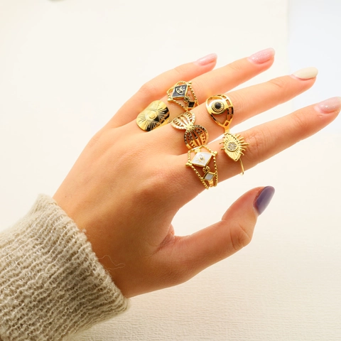 Anello Aperto in Acciaio Inossidabile Malocchio per Donna Vintage Placcato Oro Smalto Strass Regolabile Gioielli di Moda Anello
