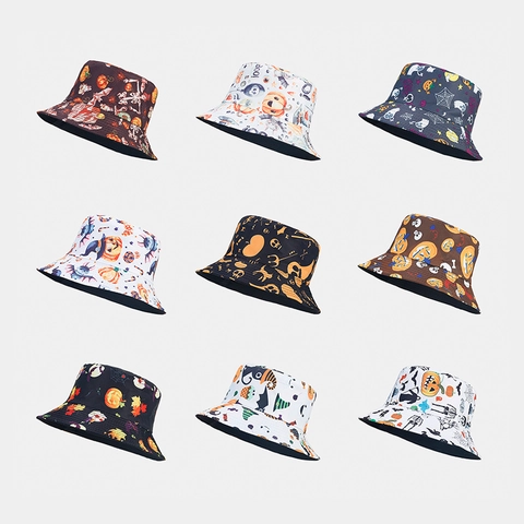 Halloween Bucket Hat Reversible Polyester Pumpkin Skeleton Ghost Print Sun Protection Casual Foldable For Men Women