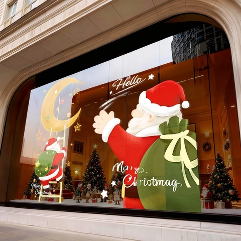 Christmas Santa Claus Moon Stars Window Stickers PVC Static Cling Decals Double Sided UV Printed Removable Shop Home Decor