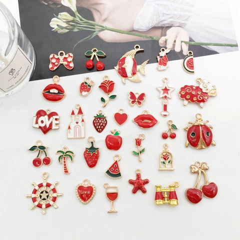 Ciondoli In Lega Di Smalto Rosso Forme Frutta Animali Cuore Bordo Dorato Per Creazione Gioielli DIY