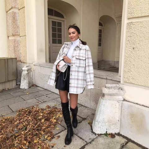 Women Plaid Shacket Jacket Oversized Brushed Wool Like Thickened Long Sleeve Button Down Casual Shirt Outerwear With Pockets