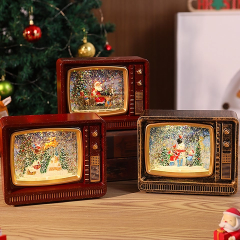 Boîte À Musique Boule À Neige De Noël Ornement De Téléviseur Rétro Avec Lumière LED Et Effet De Neige Plastique Résine Décoration De Bureau