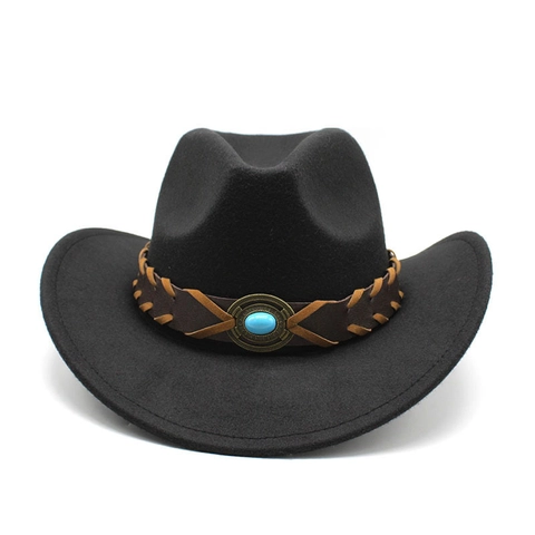 Western Cowboy Hat Vintage Fedora Wool Felt Wide Brim Jazz Cap With Braided Belt Turquoise Decor For Men Women Elegant