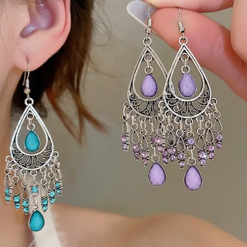 Bohemian Water Drop Tassel Earrings Vintage Ethnic Alloy Rhinestone Dangle Jewelry With Steel Earring Post For Women
