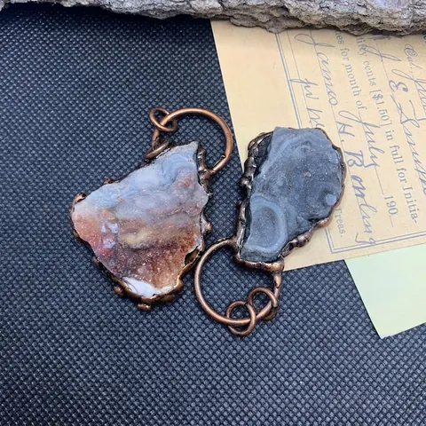 Vintage Solar Agate Druzy Pendant Necklace Irregular Natural Stone Copper Wrapped Bohemian Jewelry For Women