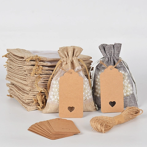 Jute Linen Drawstring Gift Bags With Clear Window Heart Kraft Paper Tags And Hemp Rope For Wedding Jewelry Packaging