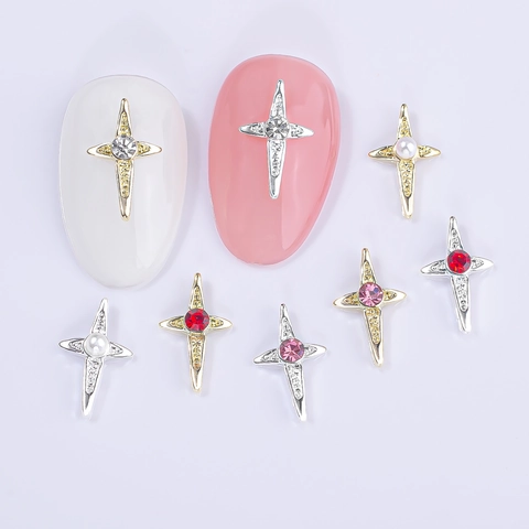 Ciondoli Per Unghie A Croce Lega Stella A Quattro Punte Strass Künstliche Perle Finte Decorazioni Per Manicure Fai Da Te
