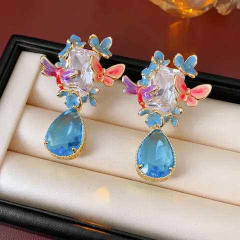 Vintage Enamel Butterfly Teardrop Statement Earrings With Zircon And Silver Earring Post Retro Copper Jewelry For Women