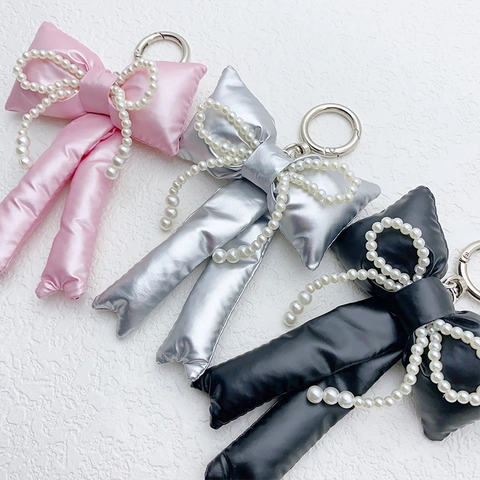 Porte-Clés Nœud Rembourré Avec Künstliche Perles D'Imitation Pendentif De Sac En Tissu Satiné Pour Femmes Accessoire Créatif