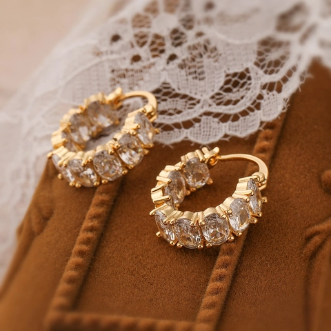 Geometric Hoop Earrings Copper 18K Gold Plated Oval Zircon Luxury Fashion Western Style For Women
