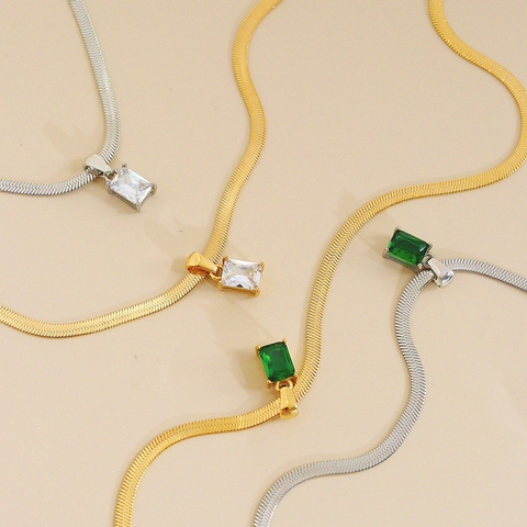 Rectangular Zircon Pendant Necklace Stainless Steel Flat Snake Bone Chain Elegant Jewelry For Women Fashion Accessory Gift
