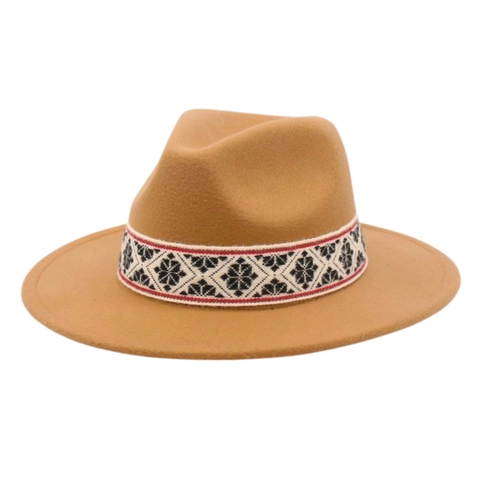 Vintage Fedora Hoed Brede Rand Vilt Polyester Met Etnische Geweven Band Geometrisch Patroon Unisex Zonbescherming Reisstijl
