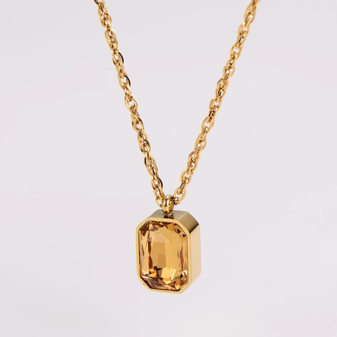Square Sugar Pendant Necklace 304 Stainless Steel 18K Gold Plated Amber Champagne Gemstone French Minimalist Jewelry For Women