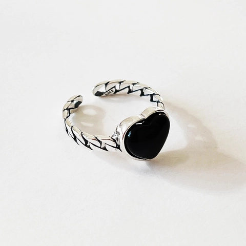 Anello In Argento Sterling 925 Forma Cuore Agata Nera Vintage Catena Gourmette Fascia Regolabile Per Donna