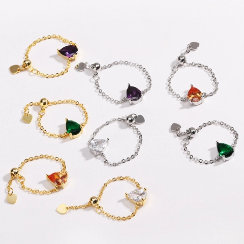 Anillo A Catena Regolabile Zirconia Taglio Pero Rame Placcato Oro 18K Gioielli Eleganti Da Donna Ciondolo A Cuore