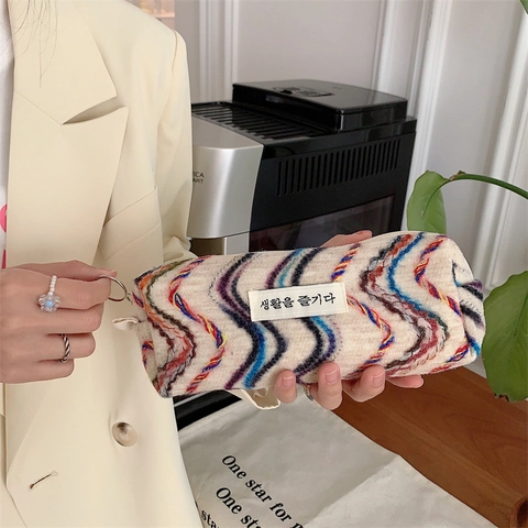 Rainbow Embroidery Large Capacity Woolen Makeup Bag Portable Travel Toiletry Pouch Knit Wave Pattern Pencil Case For Women