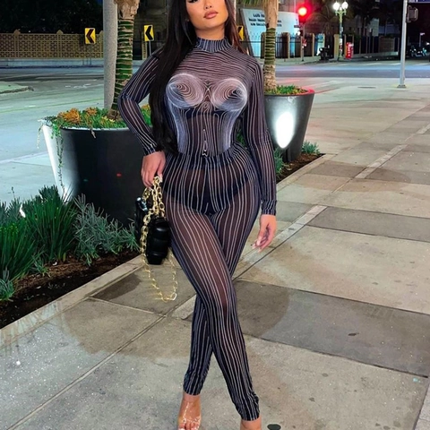 Abstrakt Gestreiftes Durchsichtiges Mesh Langarm Crop Top Und Eng Anliegende Hose Damen Streetwear Sexy Outfits