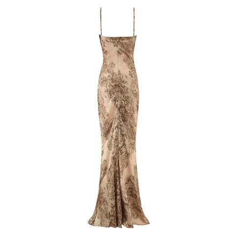 Elegantes Damen Maxikleid Mit Spaghettiträgern Und Wasserfall-Ausschnitt Blumenmuster Satin Fishtail-Saum
