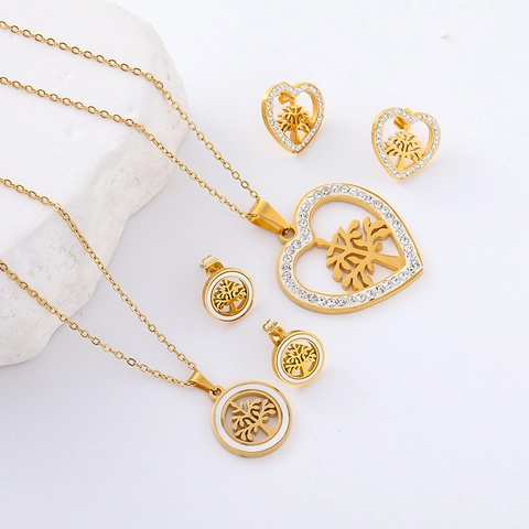 Albero Della Vita Cuore Rotondo Collana Orecchini Placcato Oro 18K Acciaio Inossidabile 304 Strass Smalto Gioielli Donne