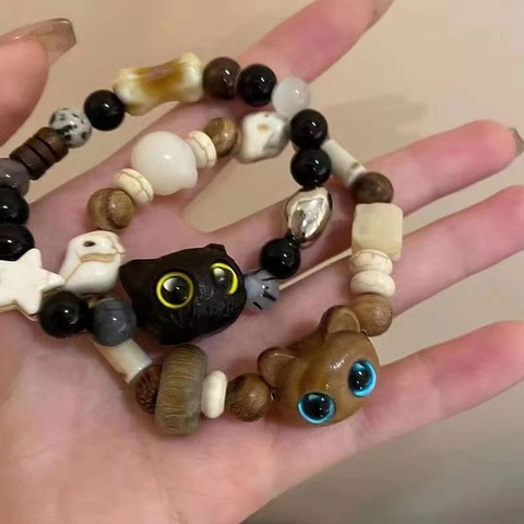 Cute Cat Beaded Bracelet Wood Resin Stone Beads Star Charm Handmade Elastic Jewelry For Women Couples