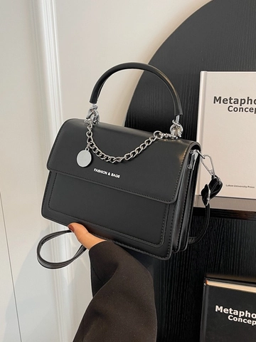 Women Fashion PU Leather Crossbody Bag Silver Chain Flap Small Square Handbag Commuter Solid Color Top Handle Purse