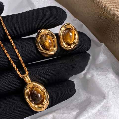 Collier Et Boucles D'oreilles En Cuivre Plqué Or Véritable Pierres Oeil De Tigre Avec Tige En Argent Vintage Ovale Pour Femme