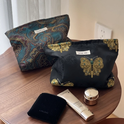 Vintage Jacquard Fabric Cosmetic Makeup Bag With Embroidery Butterfly Paisley Pattern Zipper Pouch Clutch For Women