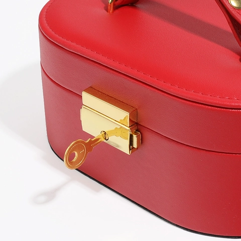 Portagioie Portatile In Pelle PU Organizzatore Ovale Con Specchio Serratura Chiave Per Anelli Orecchini Collane