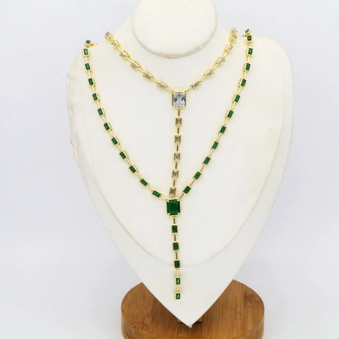 Elegante Collana a Maglie in Rame a Forma di Bambù Per Donna Con Intarsio in Zirconia Rettangolare Catena a Y Gioielli