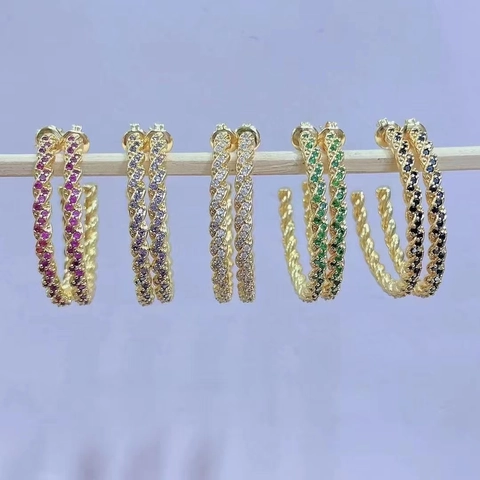 Twisted C-Shape Hoop Earrings Copper Micro Pave Cubic Zirconia Geometric Exaggerated Fashion For Women