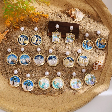 Vintage Ocean Theme Alloy Drop Earrings With Artificial Pearl Enamel Seashell Starfish Summer Beach Vacation Jewelry