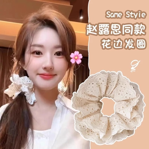 Vintage Large Scrunchie Hair Tie For Women Sweet Floral Plaid Lace Bow Design Elastic Fabric Hair Accessory Girls