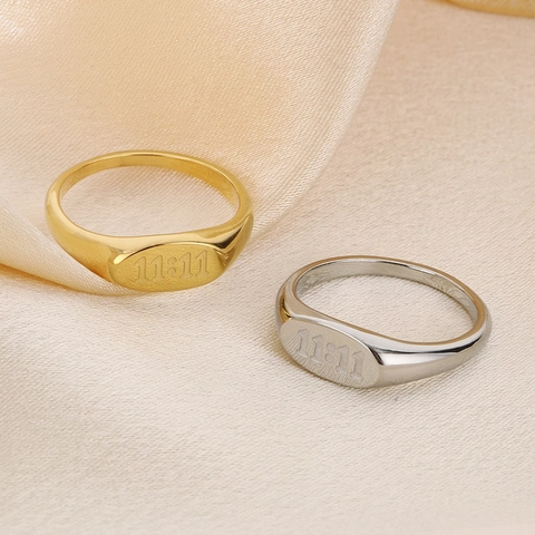 Stainless Steel 11:11 Angel Number Signet Ring And Hamsa Hand Cutout Band Minimalist Fashion Jewelry