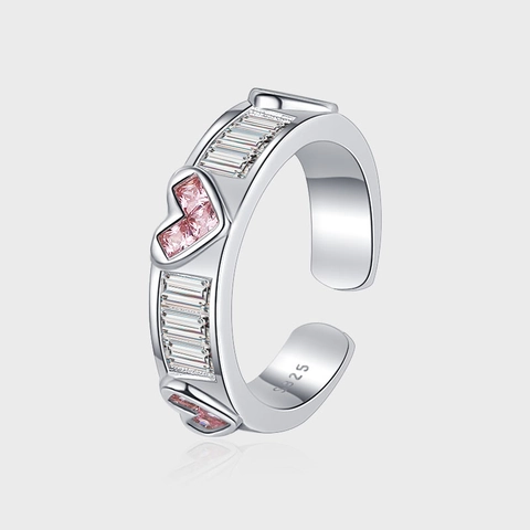 925 Sterling Silver Pink Heart Adjustable Ring Luxurious Rhinestone Inlaid Fashion Open Finger Ring Jewelry For Women Gift