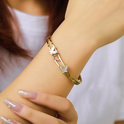 Edelstahl Schmetterling Muschel Armreif Für Damen Gold Silber Galvanisiert Offener Feder Manschette Armband Mode Schmuck