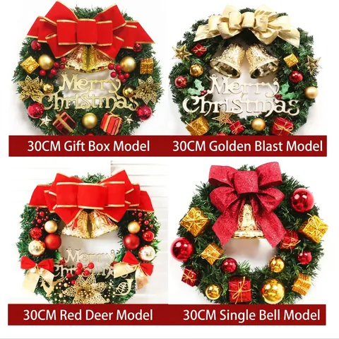 Christmas Wreath Artificial Greenery Gold Bow Bells Stars Merry Christmas Sign Festive Door Window Hanging Decoration