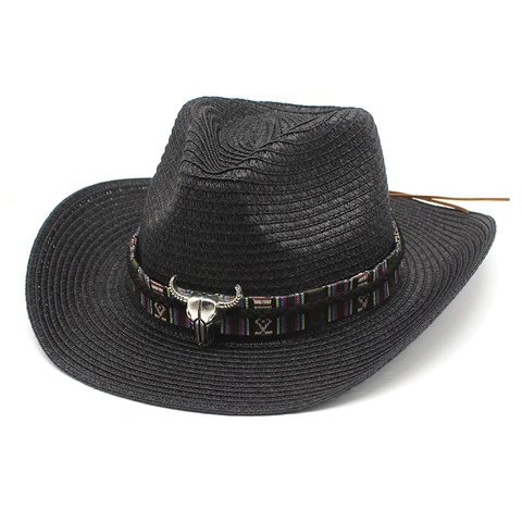 Western Cowboy Straw Hat Vintage Woven Bull Head Metal Decor Ethnic Band Wide Brim Sun Protection Unisex