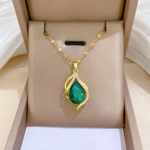 Pendant Necklace Stainless Steel Chain Copper Green Water Drop Gemstone Luxury Zircon Micro Pave Elegant Women