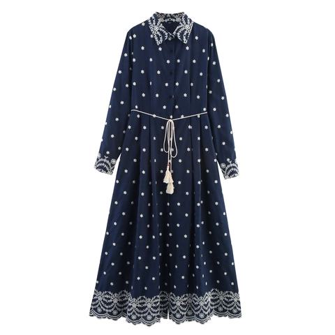 Dark Blue Maxi Dress Polyester Embroidery Long Sleeve Turn-Down Collar Button Down A-Line Rope Belt Tassel Elegant Women