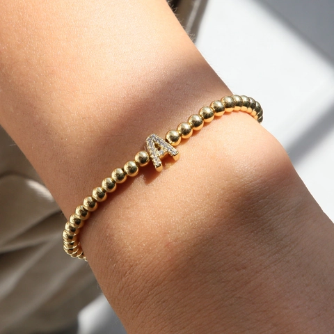 Initial Letter Pendant Beaded Bracelet Brass 18K Gold Plated With Zircon Elastic String Fashion Jewelry Women