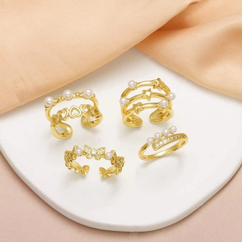 Gold Plated Copper Open Adjustable Rings Heart Butterfly Star Artificial Pearl Rhinestone Dainty Jewelry Rings For Women