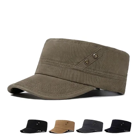 Vintage Heren Militaire Pet Gewassen Katoen Flat Top Verstelbaar Metalen Ster Klinknagels Zonbescherming Casual Outdoor