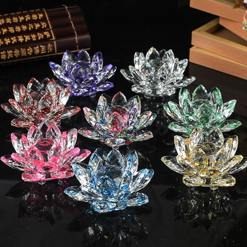 Crystal Lotus Flower Ornament Faceted Glass Tabletop Decor Home Office Car Feng Shui Buddhist Supply Elegant