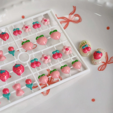Accesorios De Arte De Uñas De Resina En Relieve 3D Fresa Melocotón Cereza Flor Lazo Charms Decoración De Manicura DIY Estilo Dulce