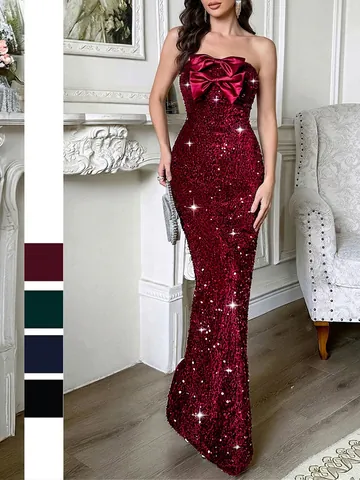 Elegant Sequin Evening Gown Strapless Maxi Dress With Big Bow Bodycon High Waist Slit For Party Women
