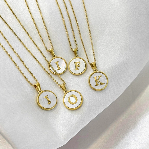 Round Disc Letter Necklace 18K Gold Plated 304 Stainless Steel White Mother Of Artificial Pearl Shell Initial Pendant Elegant Jewelry