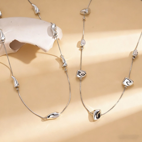 Collar Largo De Metal Líquido Irregular Cobre Plateado Cadena De Suéter Geométrica De Doble Capa Para Mujeres Minimalista