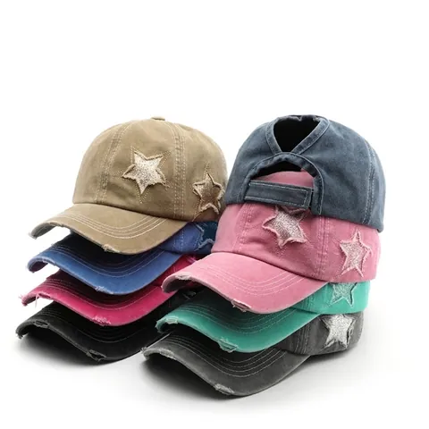 Vintage Washed Cotton Baseball Cap With Distressed Star Patch And Ponytail Hole Adjustable Retro Sun Hat For Women Men