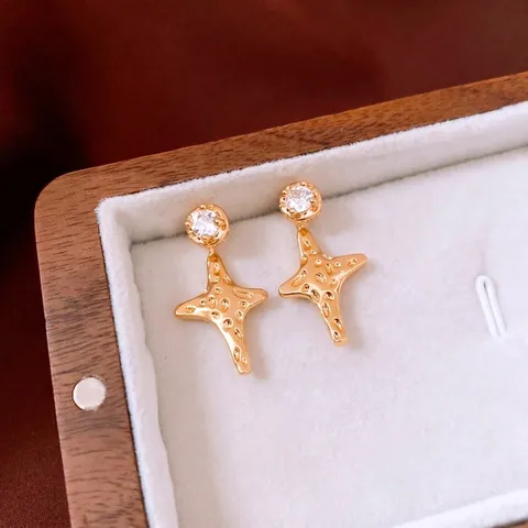 Star Drop Earrings Hammered Texture Copper Zircon With Silver Earring Post 18K Gold Plated Luxury Fashion For Women