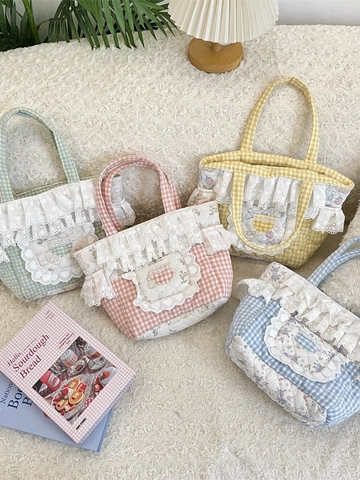 Quilted Gingham Handbag With Lace Trim Floral Bunny Print Sweet Korean Style Pastoral Tote Bag
